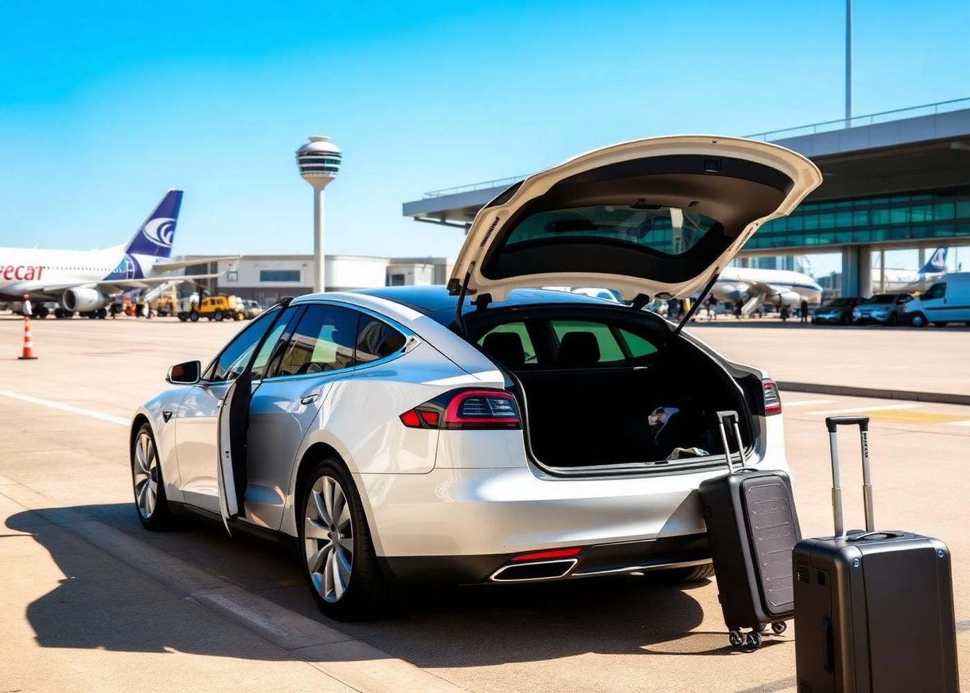 White Tesla Model Y at John Wayne Airport passenger pickup kerb in Orange County