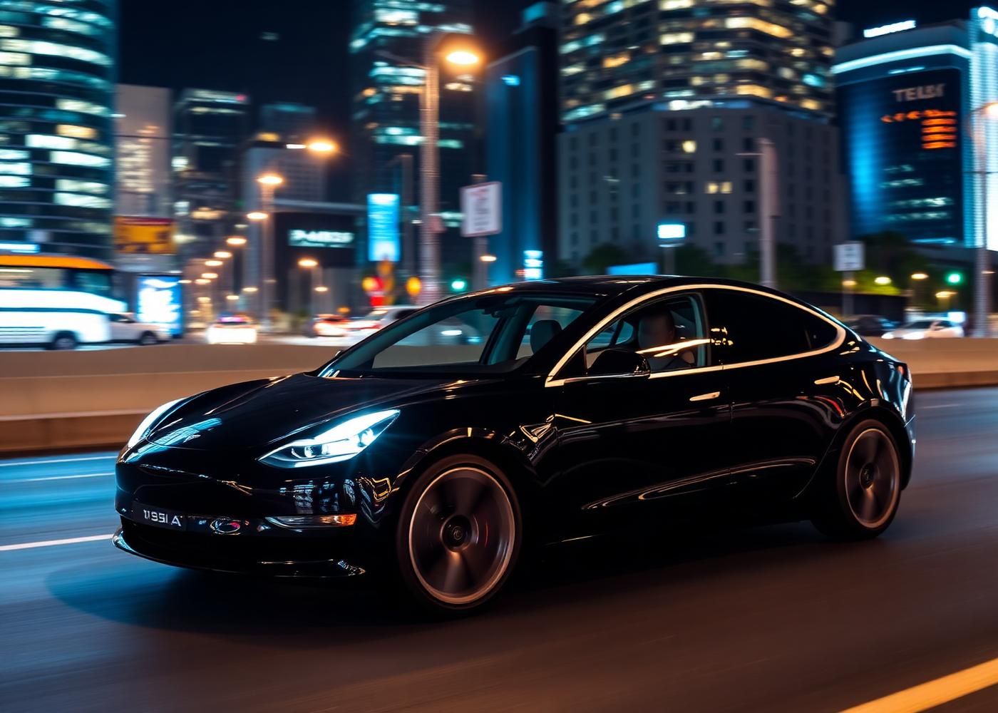 White Tesla Model Y on a Los Angeles street at night